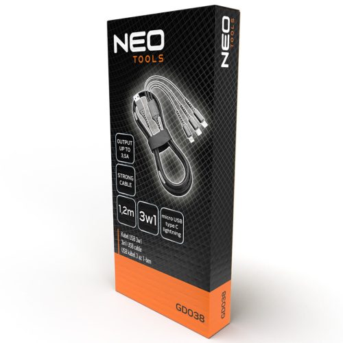 Neo Tools USB töltőkábel, 3az 1ben, 1.2m, USB-A bemenet, USB-C, Lightning, Micro USB kimenetek