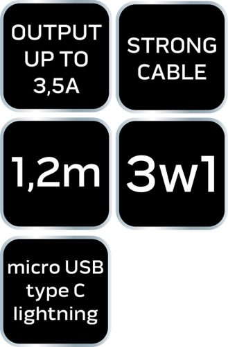 Neo Tools USB töltőkábel, 3az 1ben, 1.2m, USB-A bemenet, USB-C, Lightning, Micro USB kimenetek