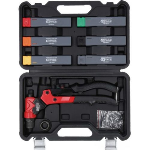 KS Tools Univerzális kézi anyaszegecselo klt. 360°-ban forg M3,4,5,6-os behúzóval/acél 2,4-4,8/alu2,4-4,8 lemezkivágó funkcióval, 3 az 1-ben