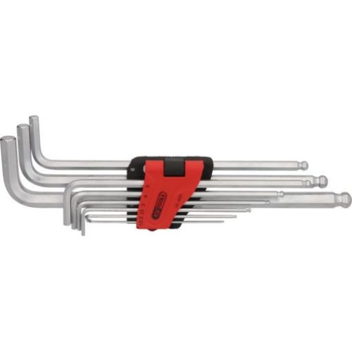 KS Tools Hatszögkulcs készlet extra hosszú, gömbvégű, króm. 1,5-10 mm  9 részes összecsukható tartó Méretek:1,5-2-2,5-3-4-5-6-8-10