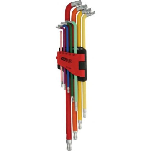 KS Tools TORX kulcs készlet, extra hosszú, gömbvégű TX10-50  9 részes, 108°-ban hajlított, színkódolt Méretek:TX10-15-20-25-27-30-40-45-50