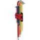 KS Tools TORX kulcs készlet, extra hosszú, gömbvégű TX10-50  9 részes, 108°-ban hajlított, színkódolt Méretek:TX10-15-20-25-27-30-40-45-50