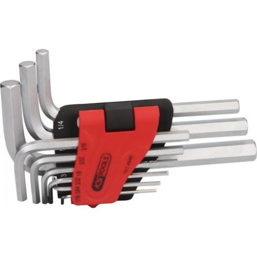 KS Tools Hatszögkulcs készlet rövid, krómozott AF 1/16"-3/8" 9 részes, összecsukható tartó Méretek:1/16-5/64-3/32-1/8-5/32-3/16-1/4-5/16-3/8