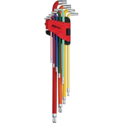 KS Tools TORX kulcs készlet, extra hosszú gömbvégű TX10-50  9 részes, színkódolt, összecsukható tartó Méretek:TX10-15-20-25-27-30-40-45-50
