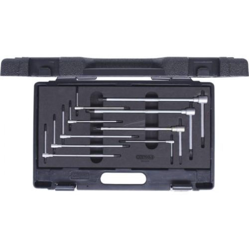KS Tools TORX kulcs készlet, T-nyelű, 3 végu TX10-50  9 részes, müa. doboz Méretek:TX10-15-20-25-27-30-40-45-50