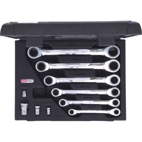 KS Tools Csillagkulcs készlet, racsnis, egyenes ( doboz ) 8-19 mm 10 részes, Z=72, 5°-os + adapter