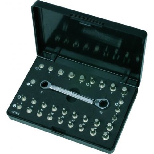 KS Tools Bit klt., 8+10mm-es ( Micro ), racsnis hajtókarral 32 részes FL+SW+PH+PZ+TXBO
