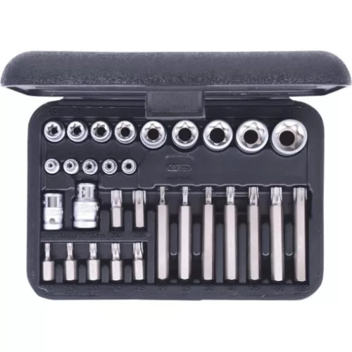 KS Tools Dugókulcs készlet + rátuzo 1/4"TORX-E(műa. koffer) E 4-E24/TX20-TX55 30 részes