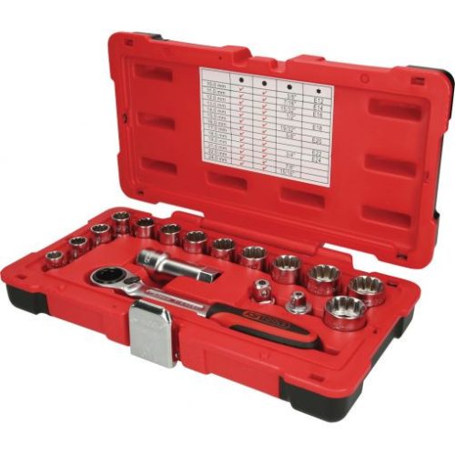 KS Tools Dugókulcs készlet 1/2"+3/8" átmeno (műa. koffer) 10-24 mm/E12-24/AF3/8"-15/16" 17 részes, 6/12 szög