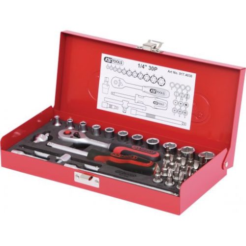 KS Tools Dugókulcs készlet + rátuzo 1/4" ( fém kazetta ) 4-14 mm 30 részes, 6 szög