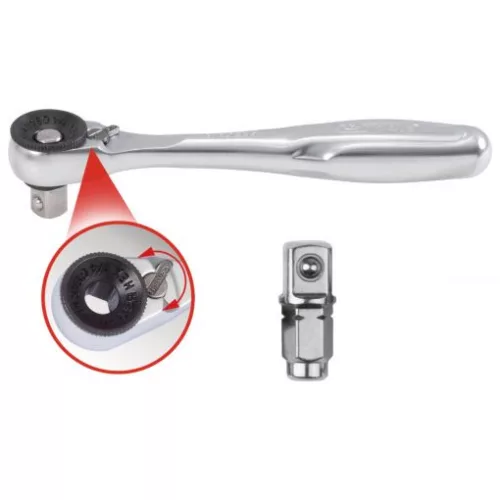 KS Tools Racsnis hajtókar, 1/4", bitekhez, irányváltós 100 mm, Z=72/5°+ dugókulcs adapterrel