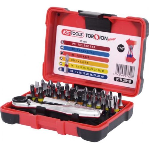 KS Tools Bit készlet, 1/4", gépi befogó + racsnis hajtókar 32 részes TX+PH+PZ+PH