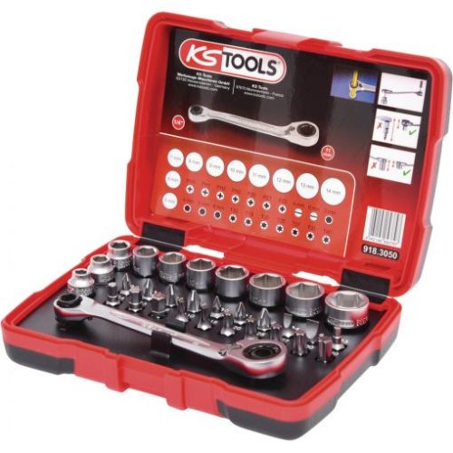KS Tools Dugókulcs készlet + bitek 1/4" ( Műanyag doboz ) 6-14 mm 31 részes, 6 szög, racsnis hajtókarral