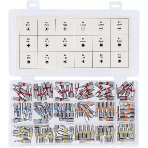 KS Tools Bit készlet, 1/4", 25mm hosszú, TORSIONpower 108 részes 18FL+18SW+36TX+18PH+18PZ, színkódolt