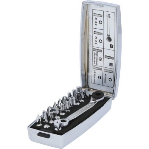 KS Tools Bit készlet, 1/4" + dugókulcs, racsnis hajtókarral 20 részes FL+PH+PZ+TX+SW