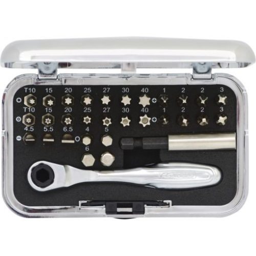 KS Tools Bit készlet, 1/4", racsnis hajtókarral 31 részes FL+PH+PZ+TX+SW