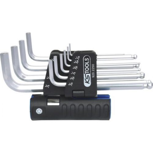 KS Tools Hatszögkulcs készlet hosszú, gömbvégű, krómozott AF 5/64"-9/16" 10 részes 3 az 1-ben tartó Méretek:5/64-3/32-1/8-5/32-3/16-1/4-5/16-3/8 1/2-9/16