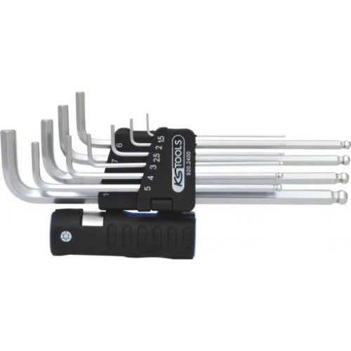 KS Tools Hatszögkulcs készlet extra hosszú, gömbvégű, króm 1,5-10 mm 10 részes, 3 az 1-ban tartó Méretek:1,5-2-3-4-5-6-7-8-10