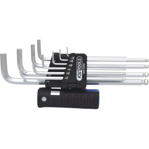 KS Tools Hatszögkulcs készlet extra hosszú, gömbvégű, króm AF 5/64"-9/16" 10 részes 3 az 1-en tartó Méretek:5/64-3/32-1/8-5/32-3/16-1/4-5/16-3/8 1/2-9/16