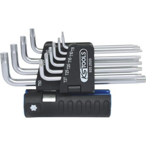 KS Tools TORX kulcs készlet, hosszú, krómozott TX 8-50 10 részes,  3 az 1-ben tartó Méretek:TX8-10-15-20-25-27-30-40-45-50
