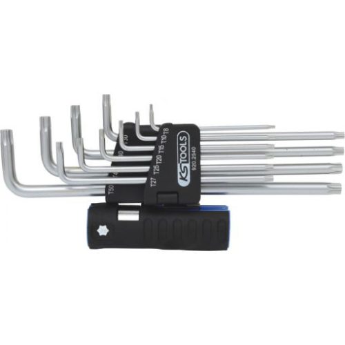KS Tools TORX kulcs készlet, extra hosszú, krómozott TX 8-50 10 részes, 3 az 1-ben tartóval Méretek:TX8-10-15-20-25-27-30-40-45-50