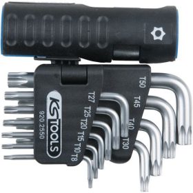   KS Tools TORX BO kulcs készlet, rövid, krómozott TX 8-50 BO  10 részes 3 az 1-ben tartó Méretek:TB8-10-15-20-25-27-30-40-45-50