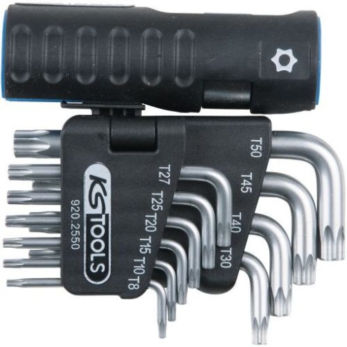 KS Tools TORX BO kulcs készlet, rövid, krómozott TX 8-50 BO  10 részes 3 az 1-ben tartó Méretek:TB8-10-15-20-25-27-30-40-45-50