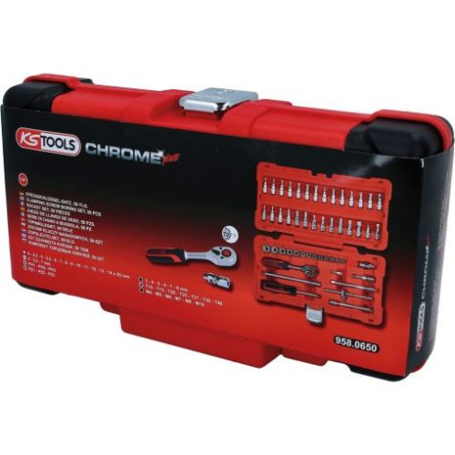KS Tools Dugókulcs készlet + rátuzo 1/4" ( Műanyag koffer ) 4-14 mm 50 részes, 6 szög, CHROMEplus