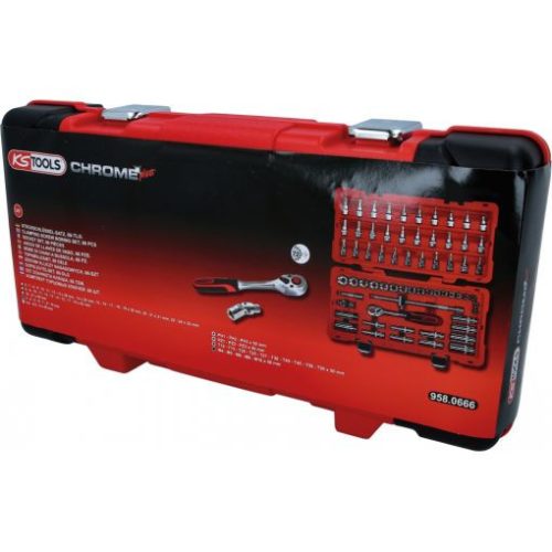 KS Tools Dugókulcs készlet + rátuzo 3/8" R/H (műa. koffer) 6-24 mm 66 részes, 6 szög,  CHROMEplus