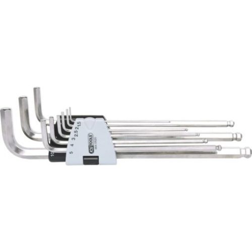KS Tools Hatszögkulcs készlet extra hosszú, gömbvégű, INOX 1,5-10 mm  9 részes Méretek:1,5-2-2,5-3-4-5-6-8-10