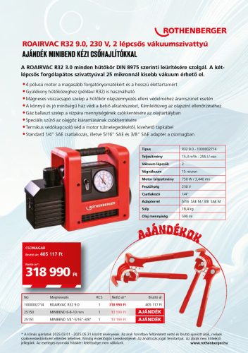Rothenberger ROAIRVAC R32 9.0 230V 2 lépcsős vákumszivattyú Ajándék Miniblend kézi csőhajlítókkal