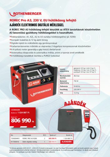 Rothenberger ROREC Pro A3, 230V EU hűtőközeg lefejtő Ajándék elektromos digitális mérleggel