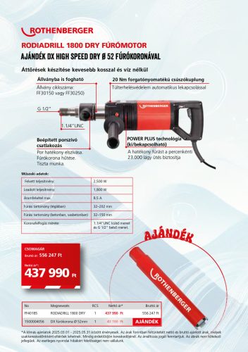 Rothenberger Rodiadrill 1800 Dry fúrómotor Ajándék DX High Speed Dry 52mm fúrókoronával