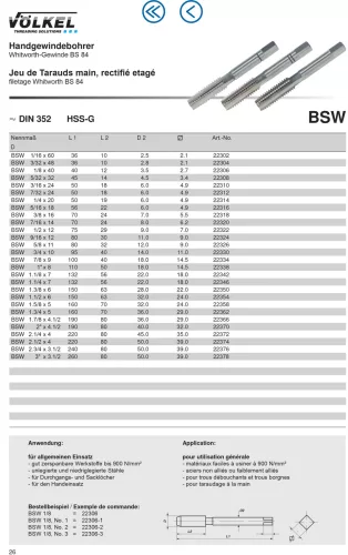 Völkel Kézi menetfúró készlet BSW 1"x8 HSS-G