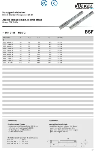 Völkel Kézi menetfúró készlet BSF 3/8"x20 HSS-G