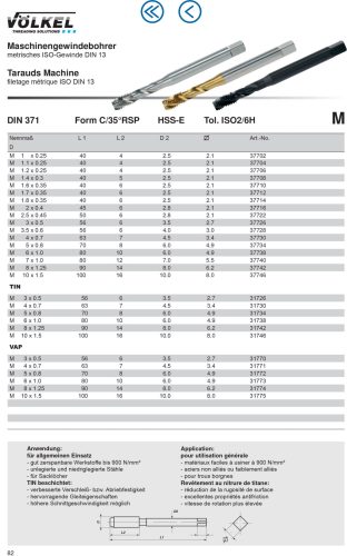 Völkel Gépi menetfúró M14x2-6H HSS-E CSH35 TiN