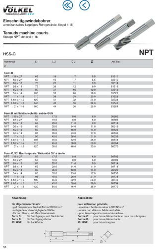 Völkel Gépi menetfúró NPT 3/4"x14 HSS-G 1:16 C-form rövid