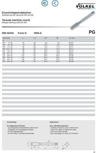 Völkel Gépi menetfúró rövid PG 42x16 HSS-G Form D  DIN40430 140/40mm