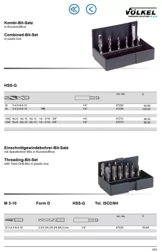 Völkel Gépi fúró menetfúró készlet M3-M10/6H HSS-G 1/4" hatszög befogású Tin