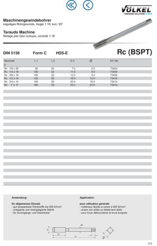 Völkel Gépi menetfúró Rc3/8"x19-6H HSS-E EH