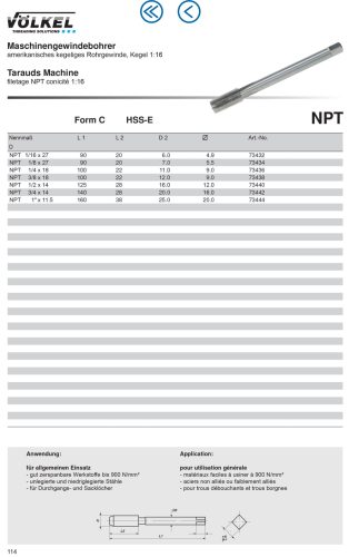Völkel Gépi menetfúró NPT 1"x11,5 HSS-E EH 1:16