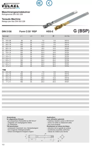 Völkel Gépi menetfúró G2"x11-6H HSS-E CSH35