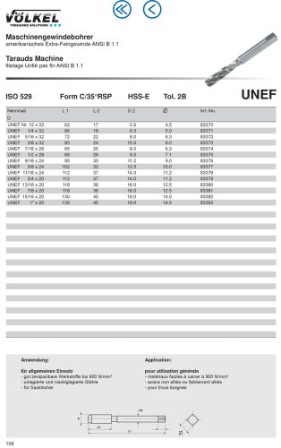 Völkel Gépi menetfúró UNEF 7/16"x28 HSS-E CSH