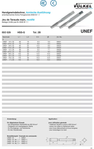 Völkel Kézi menetfúró UNEF 1/2"x28 HSS-G