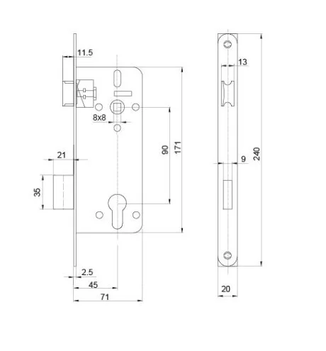 Anbo cilinderes bevéső zárt.7cm 45/90 szögletes 3611 410 c